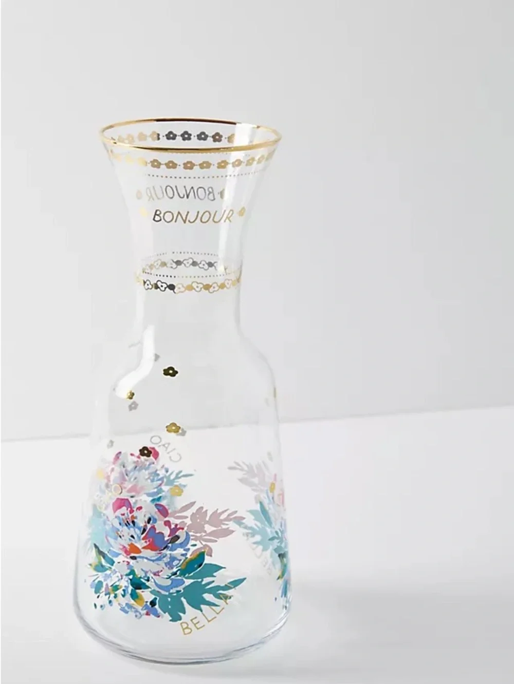 Anthropologie Clear Floral Glass Carafe with Gold Accents